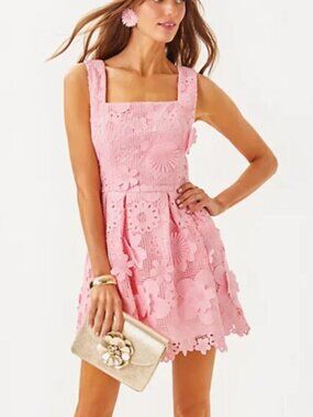 Lilly Pulitzer Cindy Skirted Lace Romper Pink Muse Passion Flower 3d Lace NWT 2